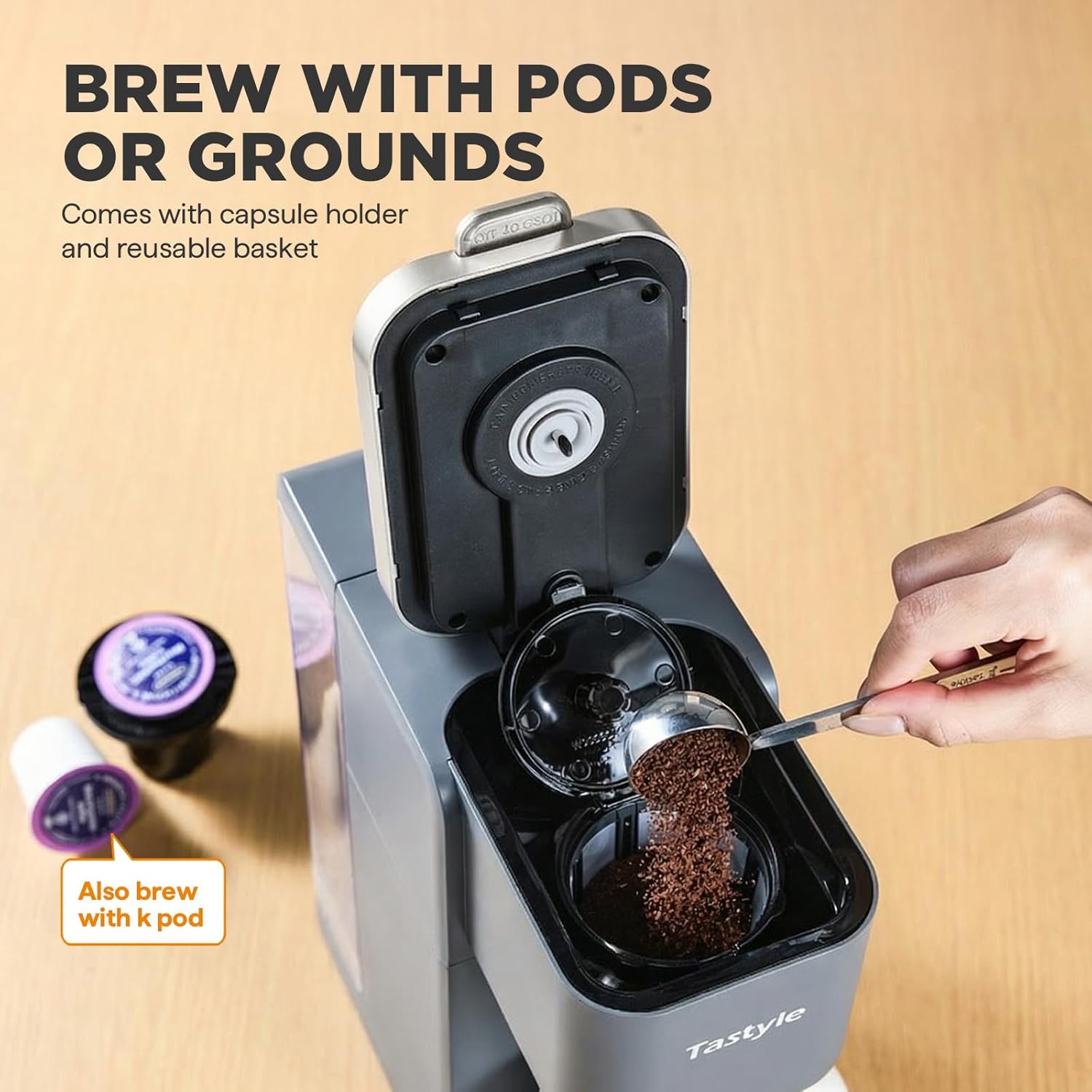 Single Serve Coffee Maker, Iced and Hot Coffee Machine for K Cup & Grounds, Compact Design, 40oz Removable Water Reservoir, 6 to 24 Oz Brew Sizes, Fits 7.3 Travel Mug, Gray